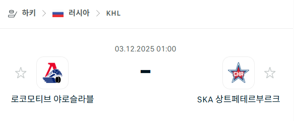[아이스하키 KHL] 2025년12월03일 로코모티브 야로슬라블 vs SKA 상트페테르부르크 | 스포츠 분석 무료 중계 토친놈