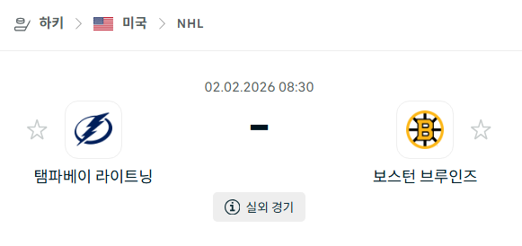 [아이스하키 NHL] 02월02일 탬파베이 라이트닝 vs 보스턴 브루인스 | 스포츠 분석 무료 중계 토친놈