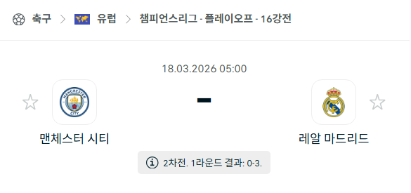 [UEFA 챔피언스리그] 3월18일 맨체스터 시티 vs 레알 마드리드 | 스포츠 분석 무료 중계 토친놈