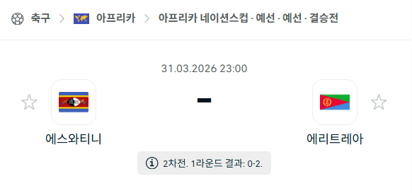 [아프리카 네이션스컵] 3월31일 에스와티니 vs 에리트레아 | 스포츠 분석 무료 중계 토친놈