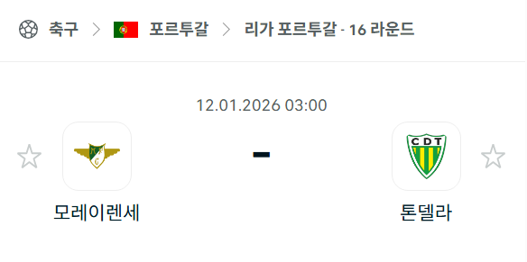 [포르투갈 프리메이라리가] 01월12일 모레이렌세 vs 톤델라 | 스포츠 분석 무료 중계 토친놈
