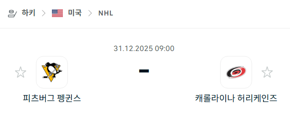 [아이스하키 NHL] 12월31일 피츠버그 펭귄스 vs 캐롤라이나 허리케인스 | 스포츠 분석 무료 중계 토친놈